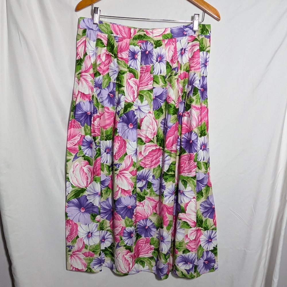 Vntg '80s NWT Austin Hill Cotton Floral‎ Full Skirt - Pink, Purple, Green Sz 16